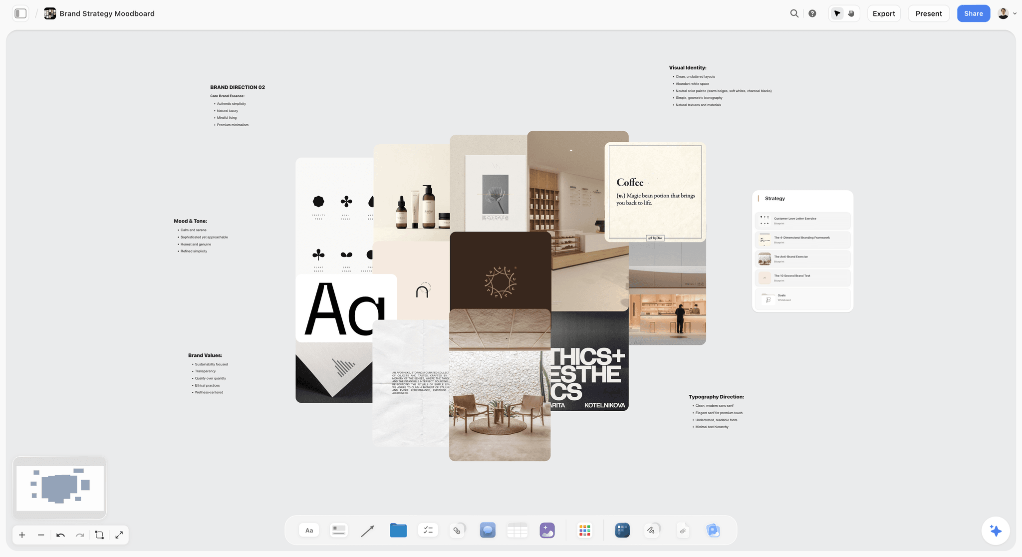 A complete brand strategy on one Storyflow canvas, with all 8 layers laid out as connected regions the AI can read in a single pass